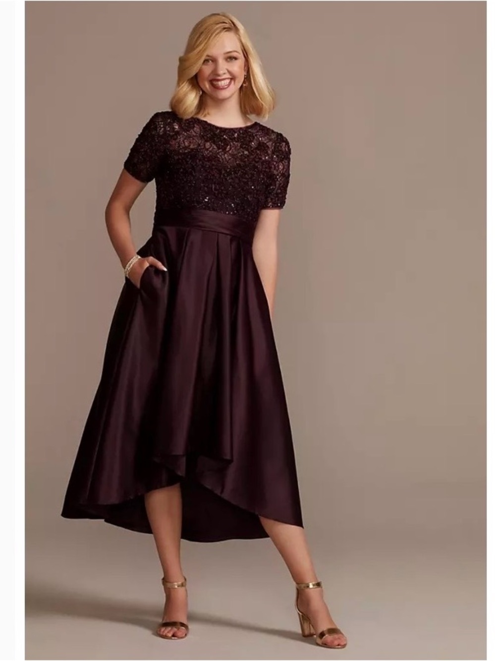 Oleg Cassini Sz 6 High Low Satin Formal  Eggplant Lace Autumn Wedding Guest